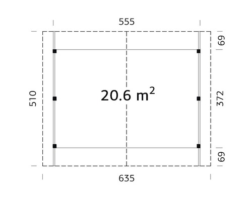 Planritning med mått och en yta på 20,6 kvadratmeter