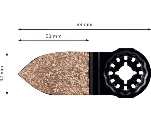 Oscillerande sågblad med måtten 99 mm längd, 53 mm bredd och 32 mm höjd.