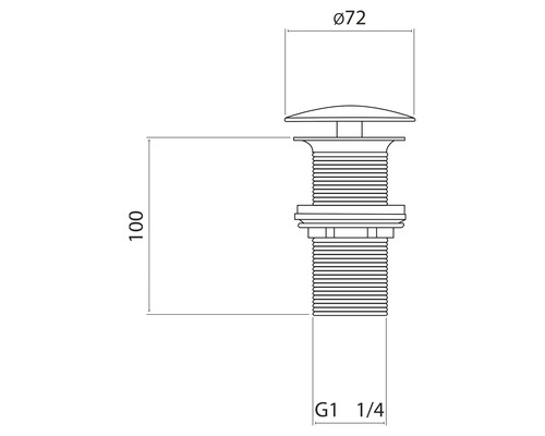 Teknisk ritning av en avloppsventil med måtten 72 mm diameter och 100 mm höjd samt specifikationen G1 1/4