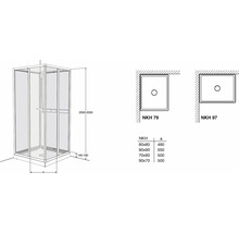 Teknisk ritning av en duschkabin med mått