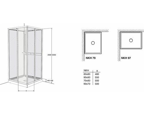 Teknisk ritning av en duschkabin med mått