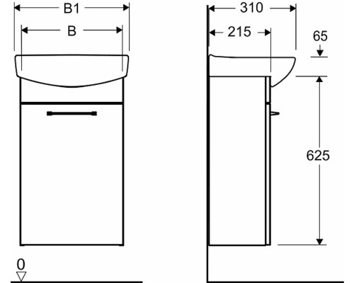 Teknisk ritning av ett underskåp för handfat med mått