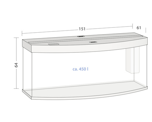 Akvarium med måtten 151 x 61 x 64 centimeter och en volym på cirka 450 liter.