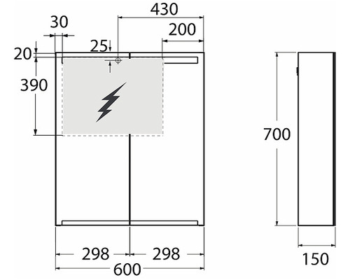 Teknisk ritning av ett badrumsspegelskåp med mått