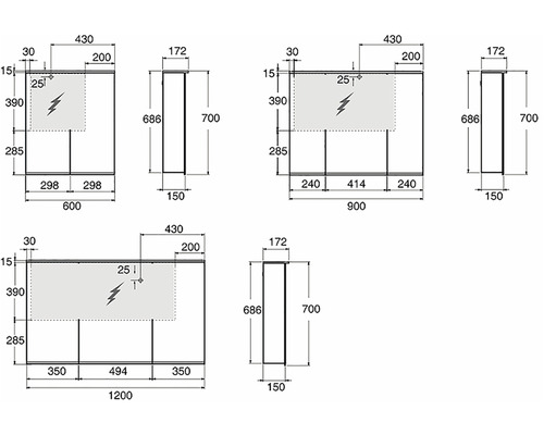 Teknisk ritning av ett badrumsskåp med mått