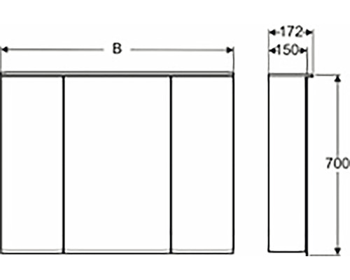 Teknisk ritning av ett spegelskåp med mått.