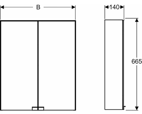 Bild på ett badrumsskåp med måtten: höjd 665 mm, djup 140 mm och bredd B.