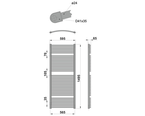 Teknisk ritning av en radiator med mått
