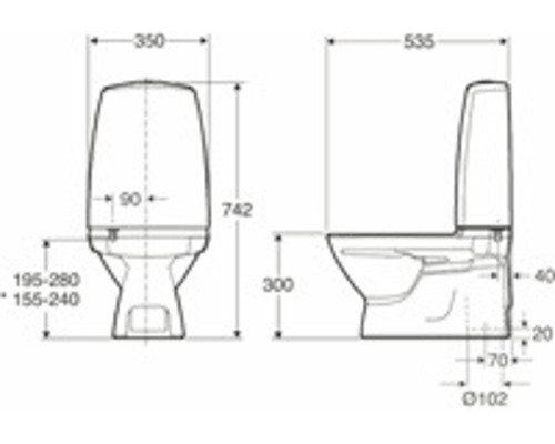 Teknisk ritning av en stående toalett med mått