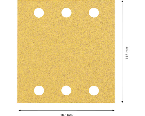 Sandpapper med sex hål och måtten 115 mm gånger 107 mm.