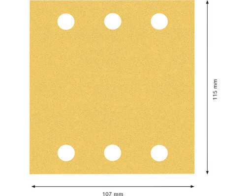 Sandpapper med sex hål och måtten 115 gånger 107 millimeter.