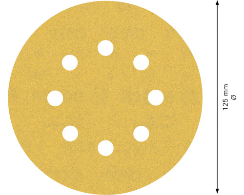 Sandpapper med en diameter på 125 millimeter och hål