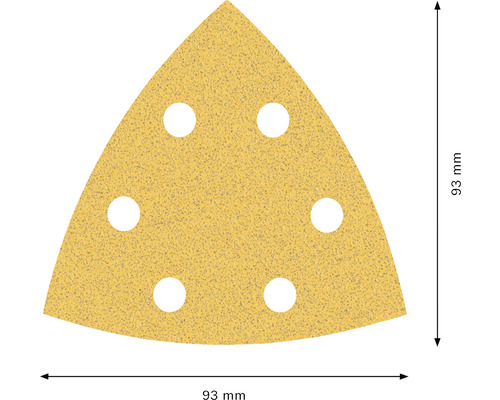 Triangulärt sandpapper med sex hål och en storlek på 93 mm