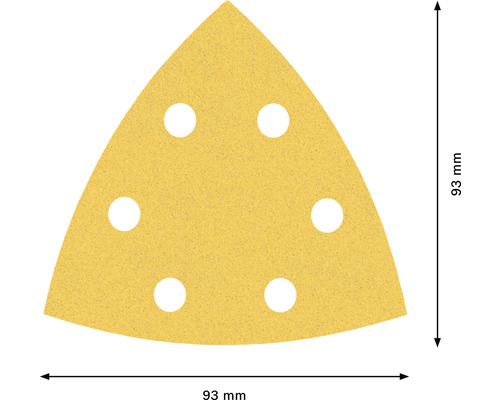Triangulärt sandpapper med sex hål och en storlek på 93 mm.