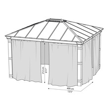 Ritning av en paviljong med gardiner och måtten 212 cm höjd och 409 cm bredd