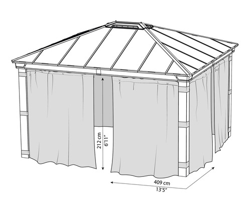 Ritning av en paviljong med gardiner och måtten 212 cm höjd och 409 cm bredd