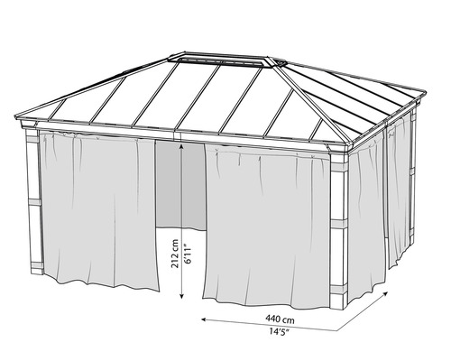 Illustration av ett lusthus med gardiner och måtten 212 centimeter högt och 440 centimeter långt