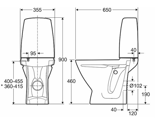 Teknisk ritning av en stående toalett med mått
