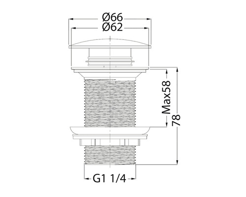 Teknisk ritning av en avloppsventil med måtten diameter 66 och 62 samt en höjd på maximalt 58 och 78 millimeter och en G1 1/4 tums anslutning.