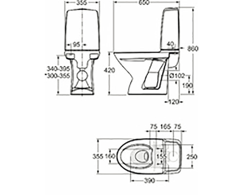 Teknisk ritning av en toalett med mått.