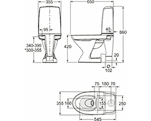 Teknisk ritning av en toalett med dimensioner
