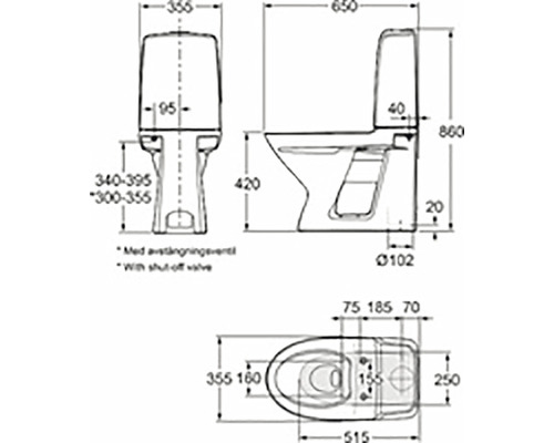 Teknisk ritning av en golvstående toalett med mått.