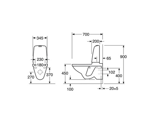 Teknisk ritning av en toalett med mått