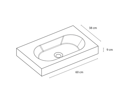 Ritning av ett tvättställ med måtten: 60 cm längd, 38 cm bredd och 9 cm höjd