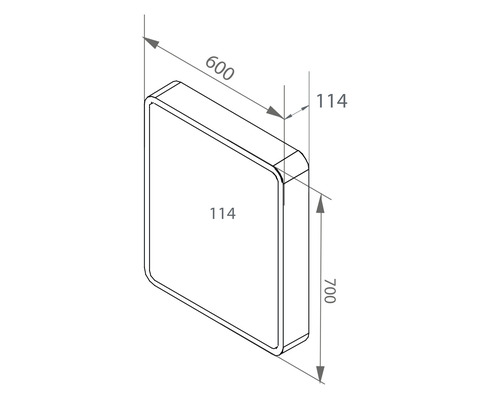 Teknisk ritning av en badrumsspegel med måtten 600 x 700 x 114 mm