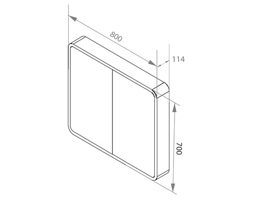 Teknisk ritning av ett badrumsskåp med måtten 800 x 700 x 114 millimeter