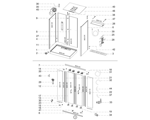 Sprängskiss av en dusch med separata delar och nummer, som visas för montering.