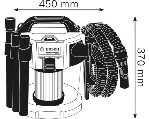 Bild på en våt- och torrdammsugare med måtten 450 mm bred och 370 mm hög.