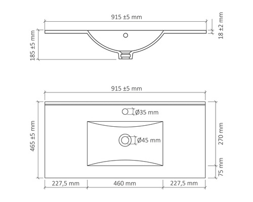 Ritning av ett tvättställ med mått.