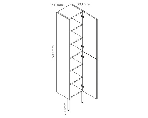 Skiss av ett högskåp med hyllor och två öppna dörrar, mått 1600 x 350 x 300 mm