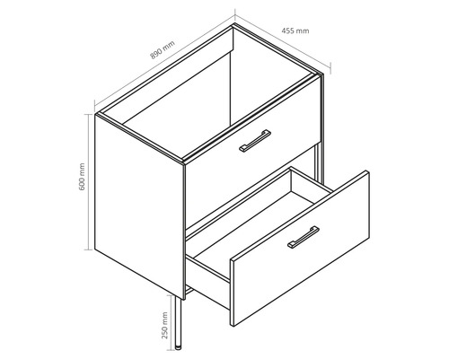 Ritning av ett tvättställsskåp med lådor och mått