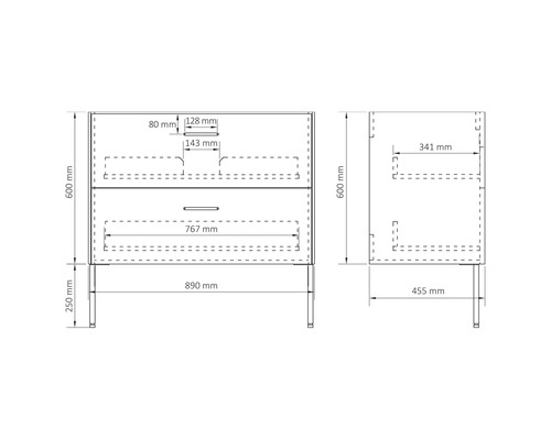 Teknisk ritning av ett tvättställsskåp med mått