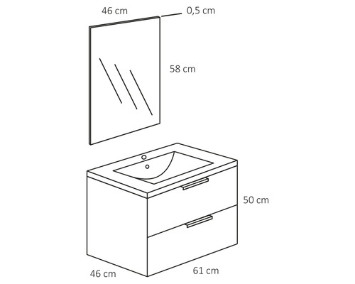 Ritning av ett tvättställsskåp med två lådor, tvättställ och spegel med mått