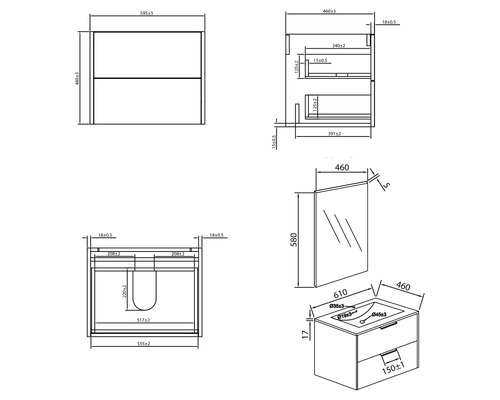 Produktmåttritning för ett tvättställ med spegel