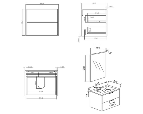 Teknisk ritning av ett tvättställsskåp med handfat och spegel