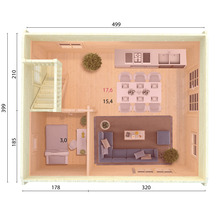 Attefallshus PALMAKO Kendra 19,9m² (inv.18,4 + 17,6m²) inkl. golv 399x499cm obehandlad