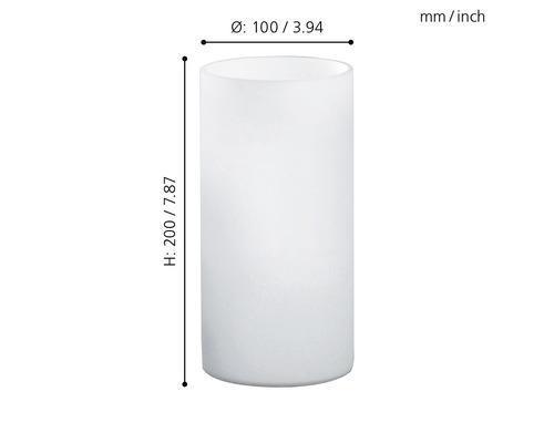 Vit glascylinder med måtten höjd 200 millimeter och diameter 100 millimeter