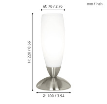 Bild av en bordslampa med måtten höjd 220 millimeter, diameter upptill 70 millimeter och diameter nedtill 100 millimeter.