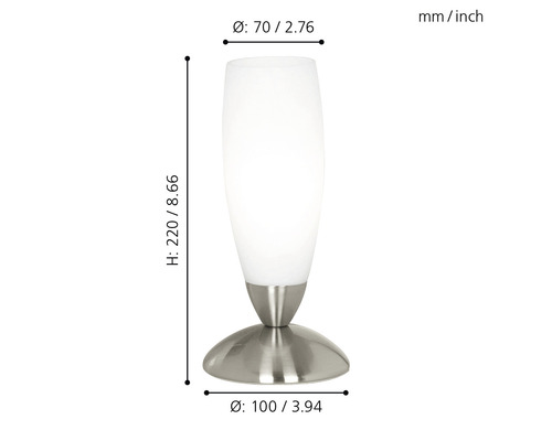 Bild av en bordslampa med måtten höjd 220 millimeter, diameter upptill 70 millimeter och diameter nedtill 100 millimeter.