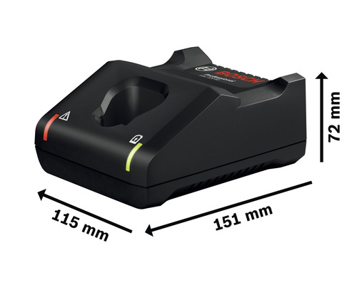 Bosch batteriladdare med måtten 115 mm x 151 mm x 72 mm