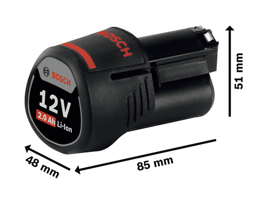 Bosch Logo, 12 volt 2,0 amperetimmar litiumjonbatteri med dimensioner
