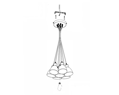Ritning av en taklampa med flera lampskärmar och fästmaterial