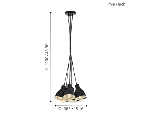Svart hänglampa med flera lampskärmar och måttangivelser för höjd och diameter.