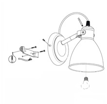 Monteringsanvisning för en vägglampa med monteringsmaterial och glödlampa