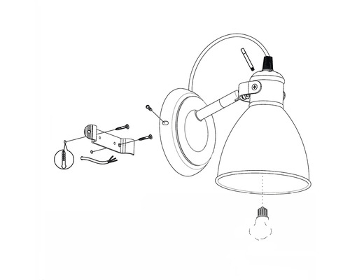 Monteringsanvisning för en vägglampa med monteringsmaterial och glödlampa