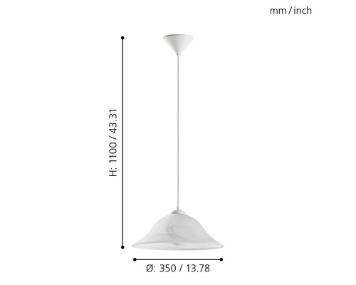 Vit hänglampa med en diameter på 350 mm och en höjd på 1100 mm
